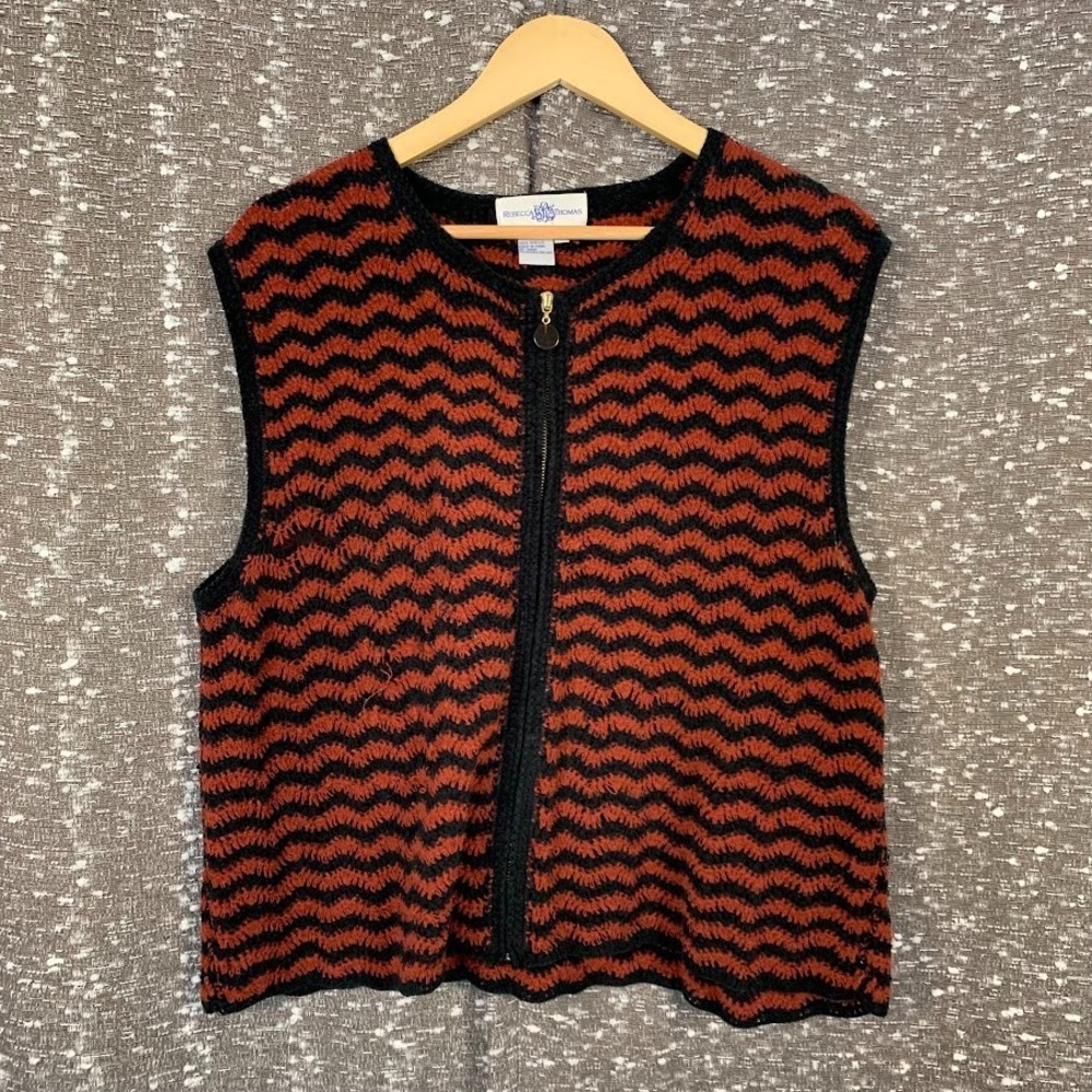 Vintage Rebecca Thomas Knit Full Zip Sweater Vest Striped‎ Black/Red Women's L
